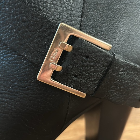 Chloe Black Heeled Boots with Gold Buckle and Chunky Heel - Picture 5 of 15